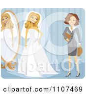 Poster, Art Print Of Friendly Brunette Wedding Planner And Bride Trying On Her Dress Over Blue