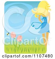 Poster, Art Print Of Rear View Of A Slender Blond Woman With A Spring Breeze Tulips And Bee
