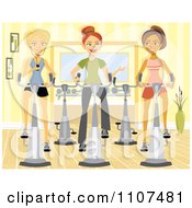 Three Happy Women Using Spin Bikes At The Gym