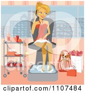 Poster, Art Print Of Happy Woman Talking On Her Phone While Soaking Her Feet With Shopping Bags And Her Dog By Her Side In A Spa