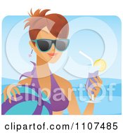 Poster, Art Print Of Happy Brunette Woman With A Cocktail Sunglasses And Ball On A Beach