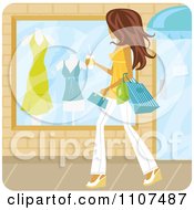 Brunette Woman Window Shopping With Coffee In Hand On A Summer Day
