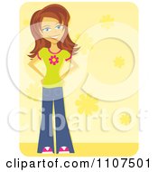 Clipart Brunette Teen Girl In A Flower Shirt And Bell Bottom Pants Over Yellow Royalty Free Vector Illustration