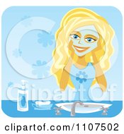 Poster, Art Print Of Happy Blond Teenage Girl Washing Her Face With Cleanser Over Blue