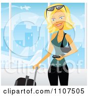 Poster, Art Print Of Happy Blond Woman Texting On Her Cell Phone In An Airport