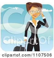 Poster, Art Print Of Happy Traveling Brunette Businesswoman Talking On Her Cell Phone At An Airport