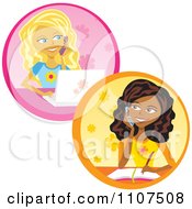 Poster, Art Print Of Teenage Girls Talking On Cell Phones Writing And Using A Laptop