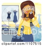 Poster, Art Print Of Happy Hispanic Woman Talking On A Cell Phone While Shopping In A Store