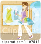 Clipart Happy Plus Sized Brunette Woman Carrying Coffee And Shopping Royalty Free Vector Illustration
