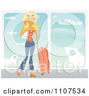 Poster, Art Print Of Happy Traveling Blond Woman Talking On Her Cell Phone At An Airport