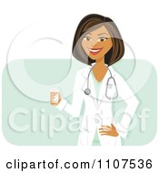 Clipart Happy Hispanic Female Doctor Holding A Pill Bottle Over Green Royalty Free Vector Illustration by Amanda Kate