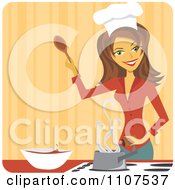 Clipart Happy Brunette Female Chef Seasoning Food In A Pot On A Stove Over Orange Royalty Free Vector Illustration by Amanda Kate
