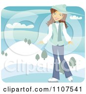 Poster, Art Print Of Happy Brunette Girl Ice Skating Outdoors On A Frozen Pond