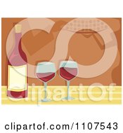 Poster, Art Print Of Bottle Of Red Wine And Glasses With People And Servers In The Background