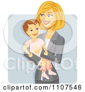 Poster, Art Print Of Happy Working Businesswoman Mom Holding Her Daughter Over Gray