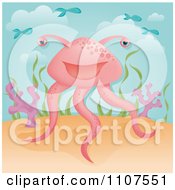 Clipart Happy Pink Sea Alien With Flying Fish Royalty Free Vector Illustration