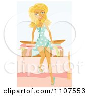 Poster, Art Print Of Blond Woman Sitting On Her Suitcase And Trying To Pack For Vacation