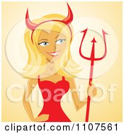 Poster, Art Print Of Smiling Blond She Devil Woman Holding A Trident On Yellow