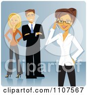 Poster, Art Print Of Businesswoman Talking On A Cellphone With Her Colleagues In The Background Over Blue