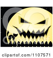 Clipart Scary Moon Frightening A Cat Silhouetted On A Fence Royalty Free Vector Illustration