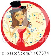 Happy Caucasian New Years Woman In A Top Hat And Red Dress Holding Champagne In A Circle Of Confetti