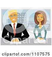 Poster, Art Print Of Happy Male And Female Newscasters Seated At Their Desk