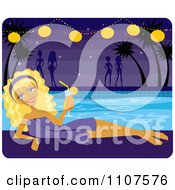 Poster, Art Print Of Relaxed Blond Woman Drinking A Cocktail By A Pool At Night With Others In The Background
