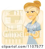 Happy Female Nurse With Folded Arms And Medicine Shelves