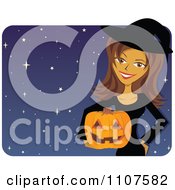 Poster, Art Print Of Happy Brunette Woman In A Halloween Witch Costume Holding A Pumpkin Over Stars