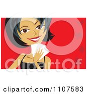 Clipart Smiling Black Haired Woman Playing Poker Over Red Royalty Free Vector Illustration
