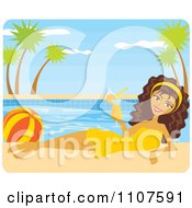 Poolside Brunette Woman With A Beach Ball And Cocktail