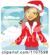 Clipart Happy Brunette Woman In A Christmas Jacket And Hat Outdoors Royalty Free Vector Illustration
