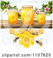 Poster, Art Print Of Bees And Honeycombs Under A Shelf With Jars And Blossoms