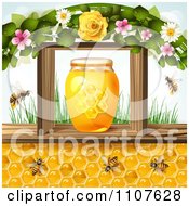 Poster, Art Print Of Bees And Honeycombs Under A Jar In A Frame With Flowers And Grass