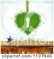 Poster, Art Print Of Butterfly And Brick Background With A Grass Key Hole Heart