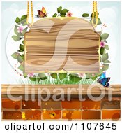 Poster, Art Print Of Butterfly And Brick Background Blossoms And A Suspended Sign