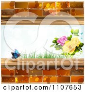 Poster, Art Print Of Butterfly And Brick Background With Roses 2