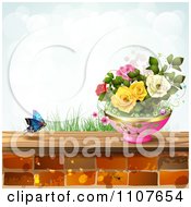Poster, Art Print Of Butterfly And Brick Background With Roses 3
