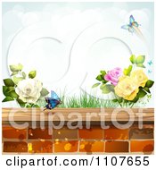 Poster, Art Print Of Butterfly And Brick Background With Roses 4