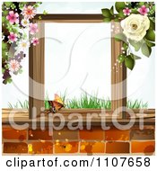 Poster, Art Print Of Butterfy In A Wooden Frame With Grass Blossoms And A Rose Over Bricks