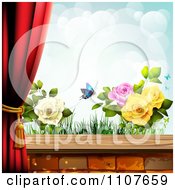 Poster, Art Print Of Butterfly And Brick Background With Drapes And Roses 2