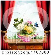 Poster, Art Print Of Butterfly And Brick Background With Drapes And Roses 3