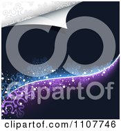 Clipart Turning Page Of A Purple And Blue Snowflake Wave Background With Silver Revealed Royalty Free Vector Illustration