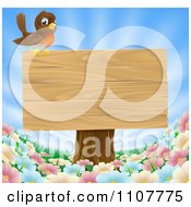 Clipart Robin Perched On A Blank Wood Sign On A Tree Stump Over Spring Flowers Royalty Free Vector Illustration