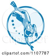 Poster, Art Print Of Retro Woodcut Scuba Diver With Bubbles In A Circle