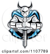 Retro Woodcut Knight Holding A Sword And Wearing A Blue Cape