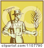 Poster, Art Print Of Retro Woodcut Styled Farmer With A Rake And Wheat Over Yellow With A Brown Border