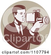 Poster, Art Print Of Retro Camera Man Using A Video Recorder In A Tan Circle