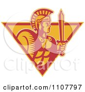 Clipart Retro Styled Roman Centurion Soldier With A Sword In An Upside Down Triangle Royalty Free Vector Illustration