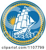 Sailing Galleon Ship In A Blue Circle With Rope